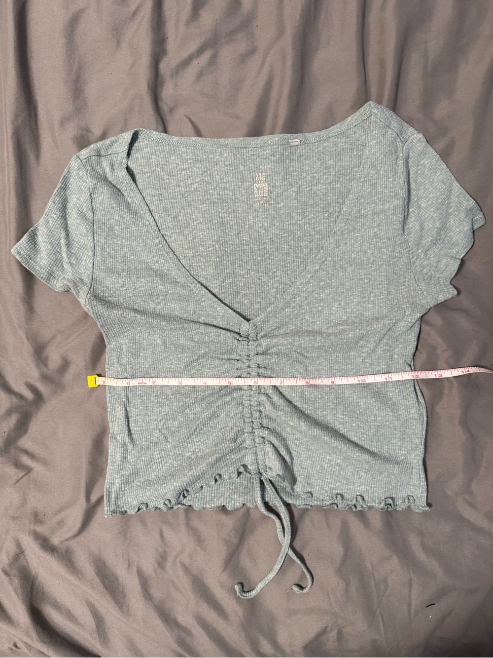 Me to We Sage Green Ruched Tie-Front Crop Top